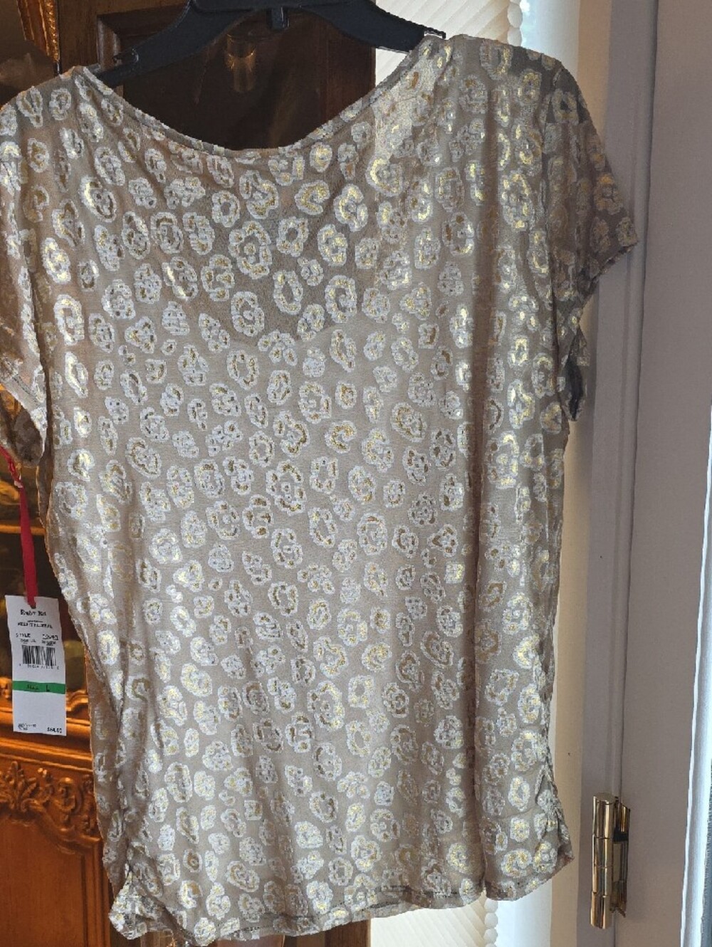 Ruby Rd. Metallic Gold Leopard Print Short Sleeve Tee - Cream Base - Picture 2 of 2